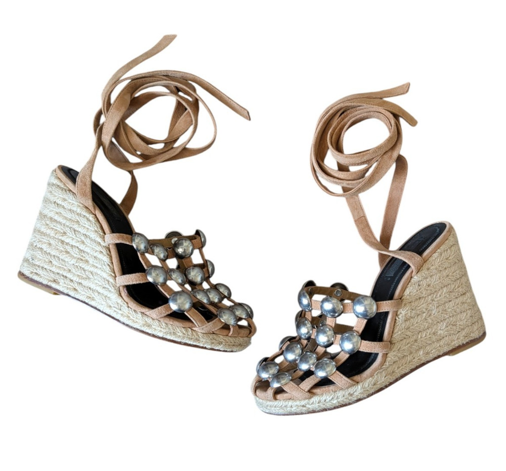 Alexander Wang Taylor Espadrille Wedge Strappy Sandals Size 37.5 Cage Studded